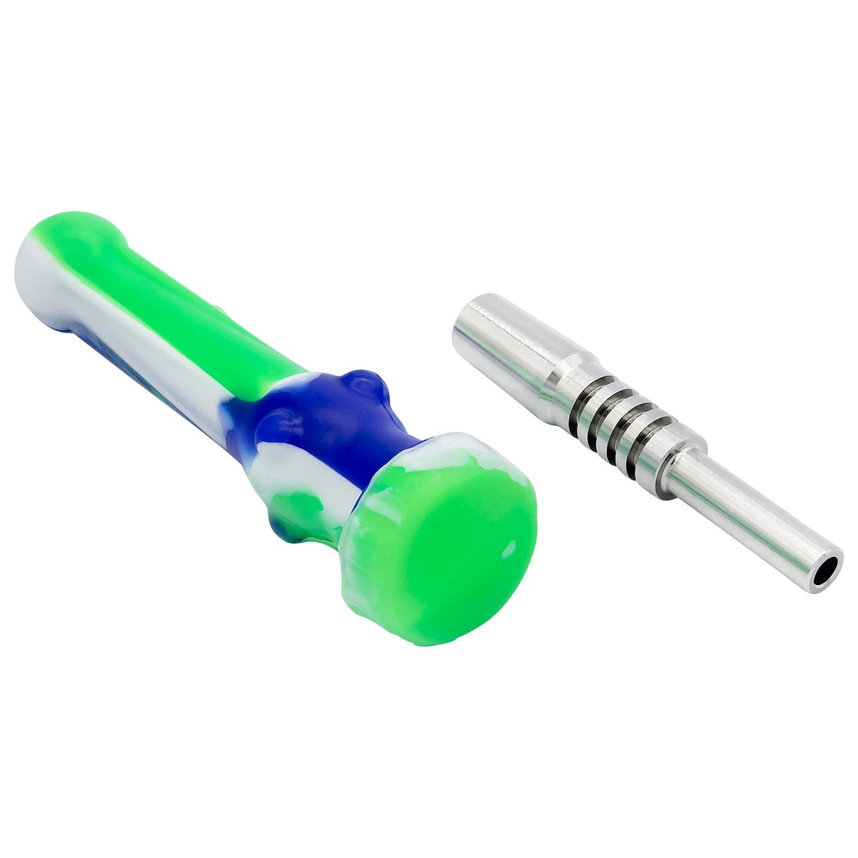 Rupert's Drop Dab Vapor Straw with solid titanium tip and green-blue silicone body