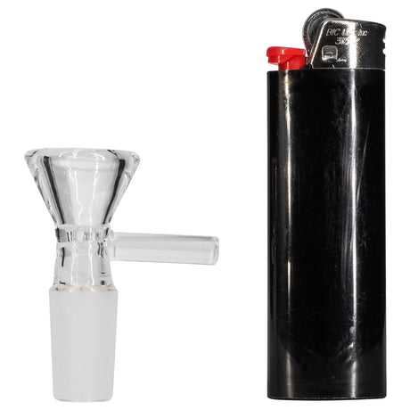Rupert's Drop Honeycomb Funnel Bowl with Handle next to a lighter, clear glass, side view