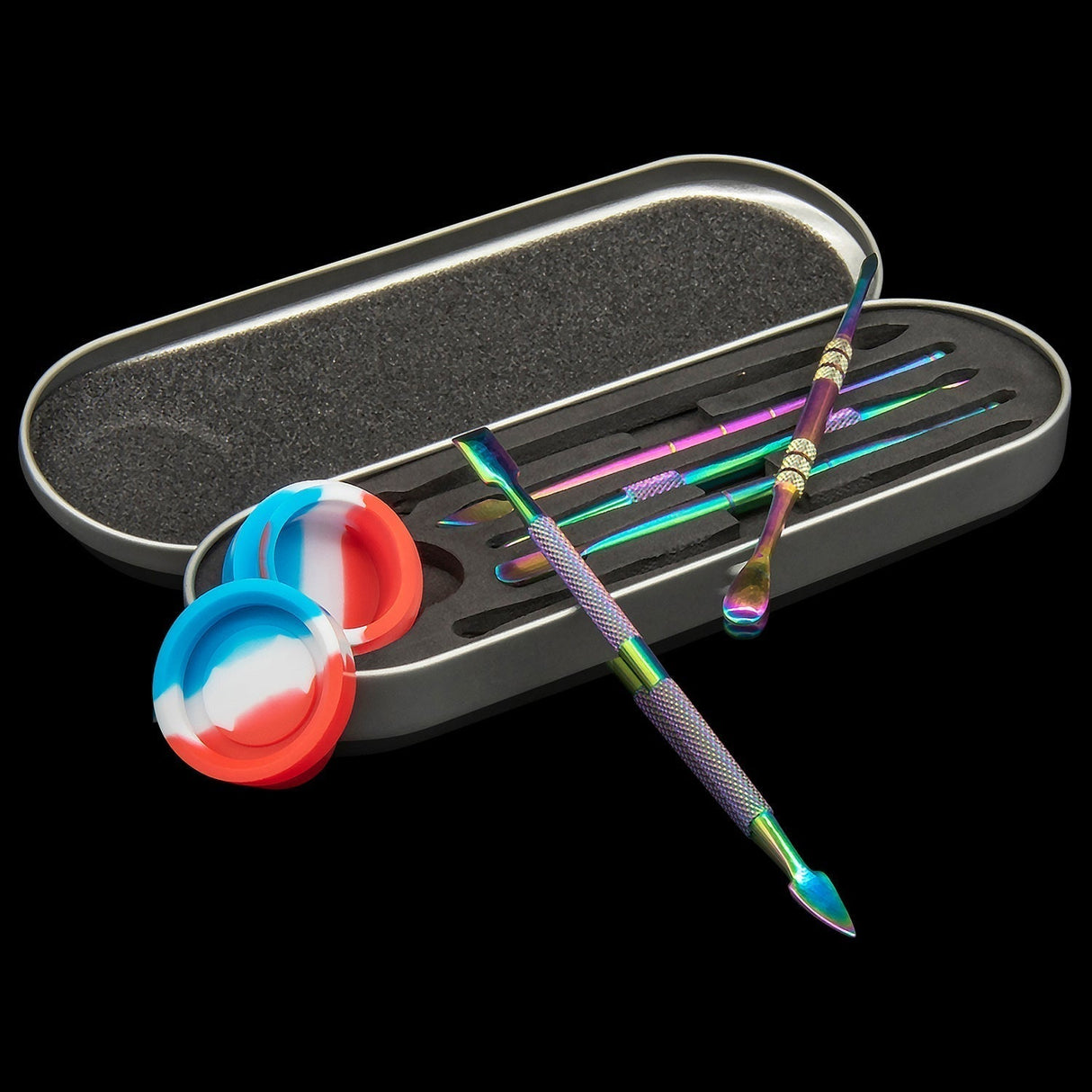 Iridescent dab tools and silicone dish on a tin case.