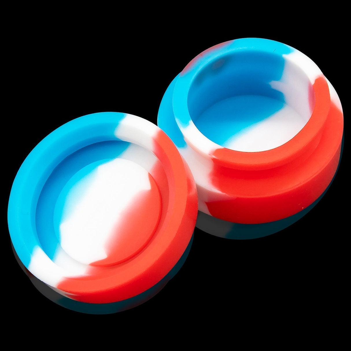 Close up of red, white, and blue silicone container.