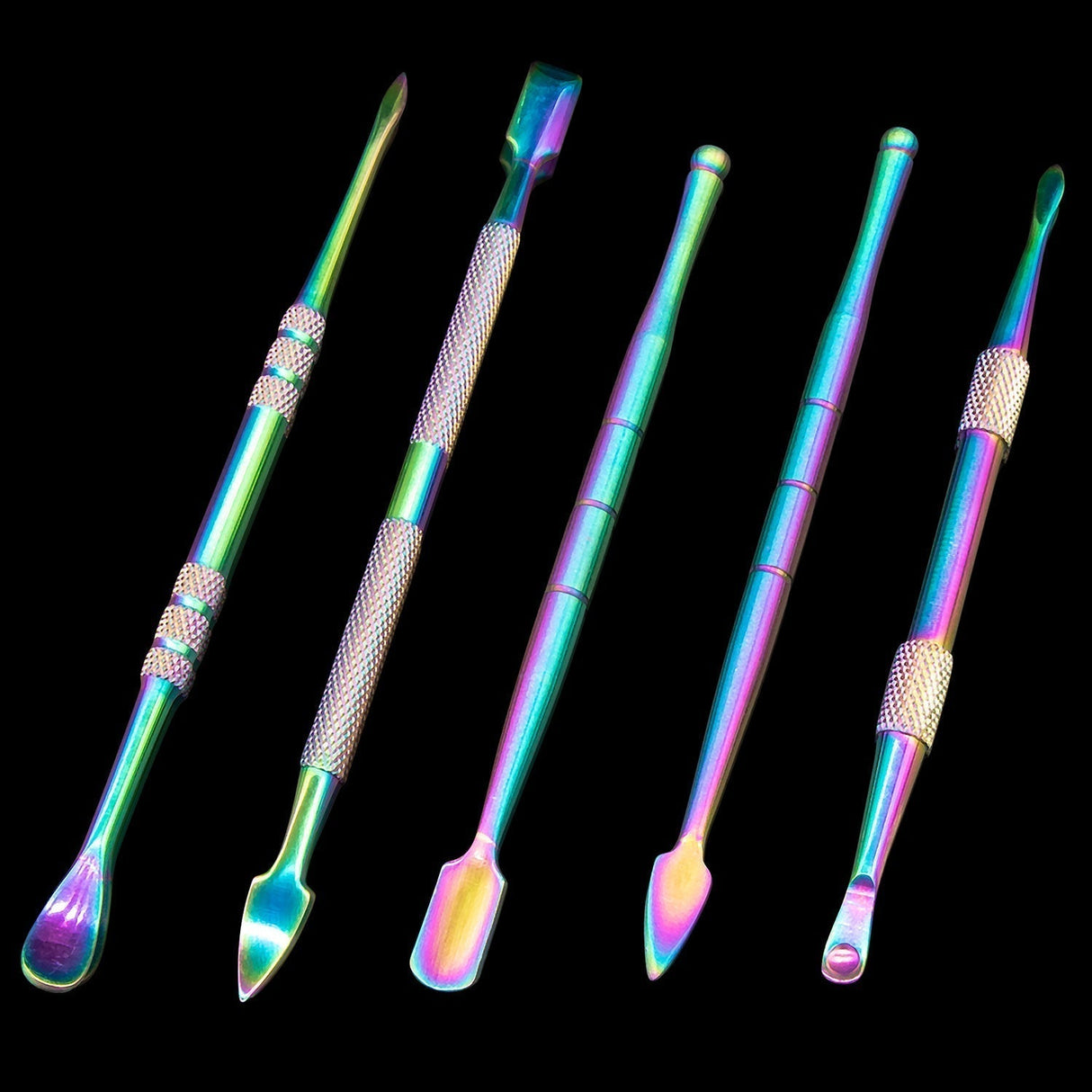 Line up of 5 types of iridescent dab tools