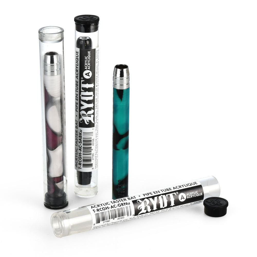 RYOT Acrylic Tasters 6 Pack in assorted colors for dry herbs, 3" chillum hand pipes with steel bowls