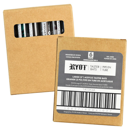 RYOT Acrylic Tasters 6 Pack in assorted colors for dry herbs, 3" chillum design, top view packaging