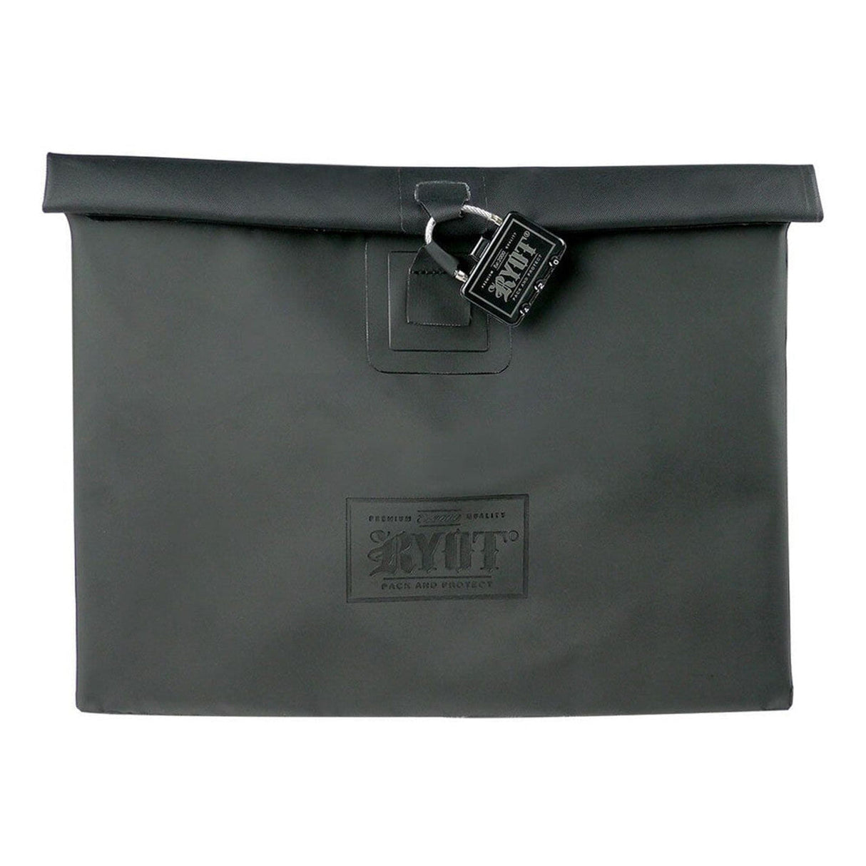 RYOT Flat Pack Bag in black silicone with Removable Smellsafe Carbon Liner and lock, front view