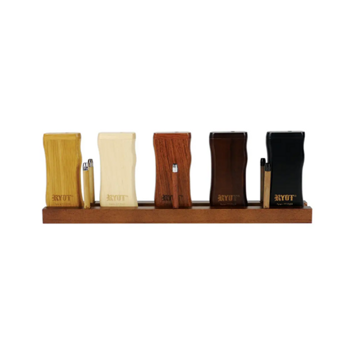 RYOT MPB Taster Box Display Stand in wood with various color options, front view on white background