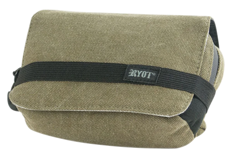 RYOT Piper SmellSafe Case in natural color, 8"x5" size, angled view with secure strap