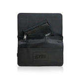RYOT Roller Wallet in black, front view, with smell-proof zipper pocket and logo