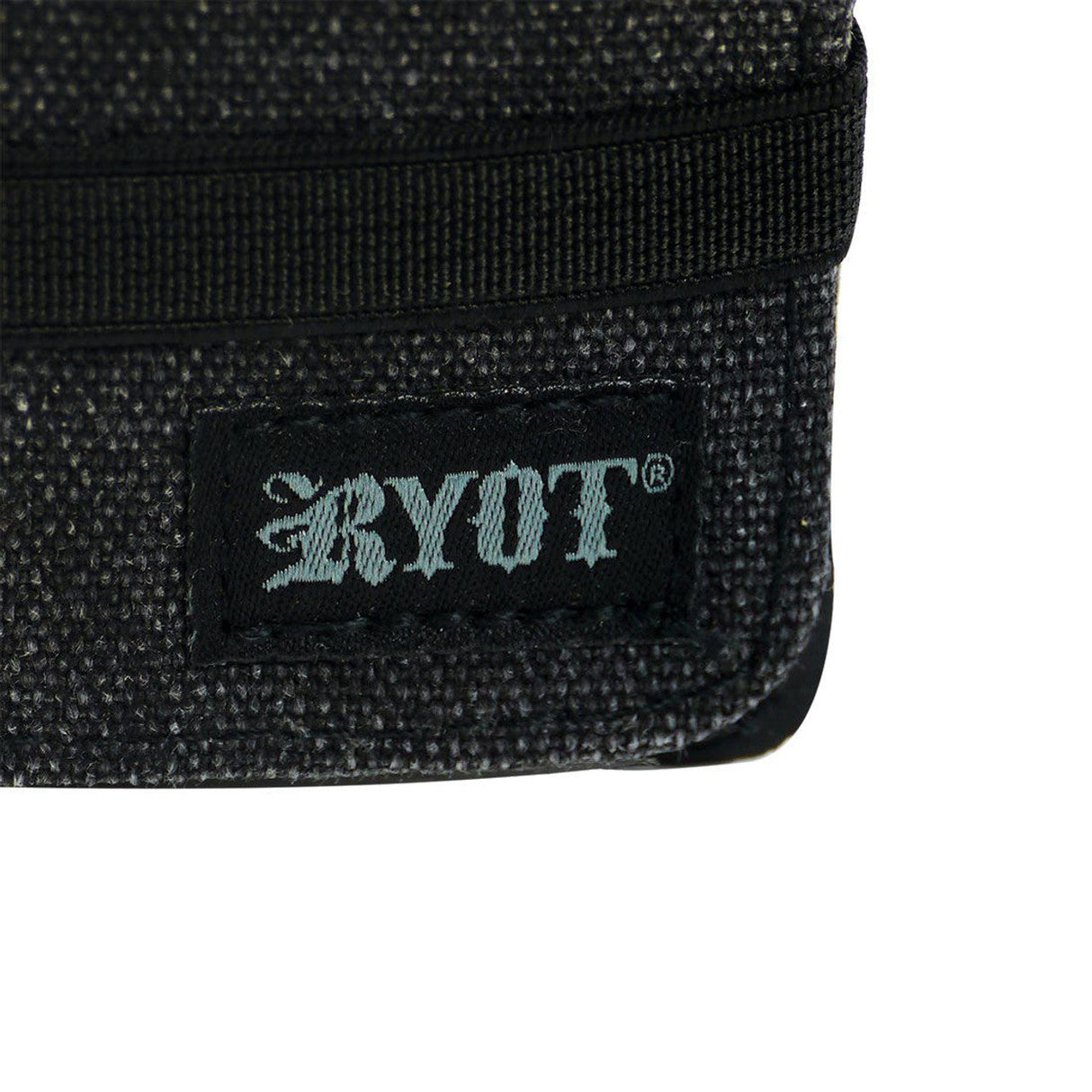 Close-up of RYOT Roller Wallet in black, showcasing the logo and texture of the smell-proof material.