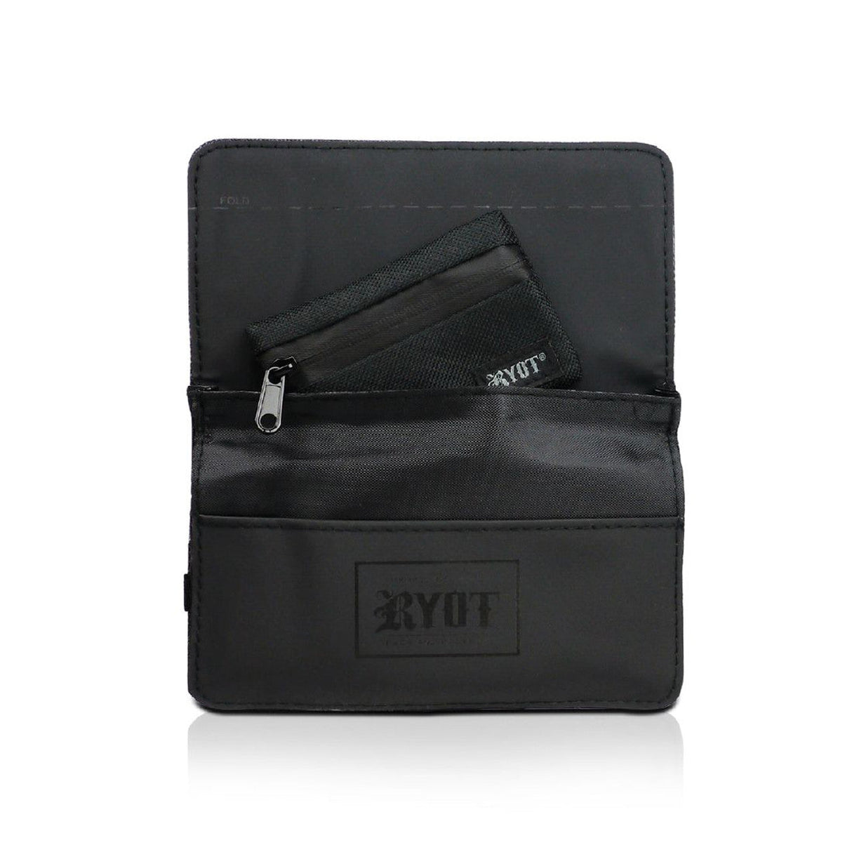 RYOT Roller Wallet in black, large size, front view with zipper compartment and logo