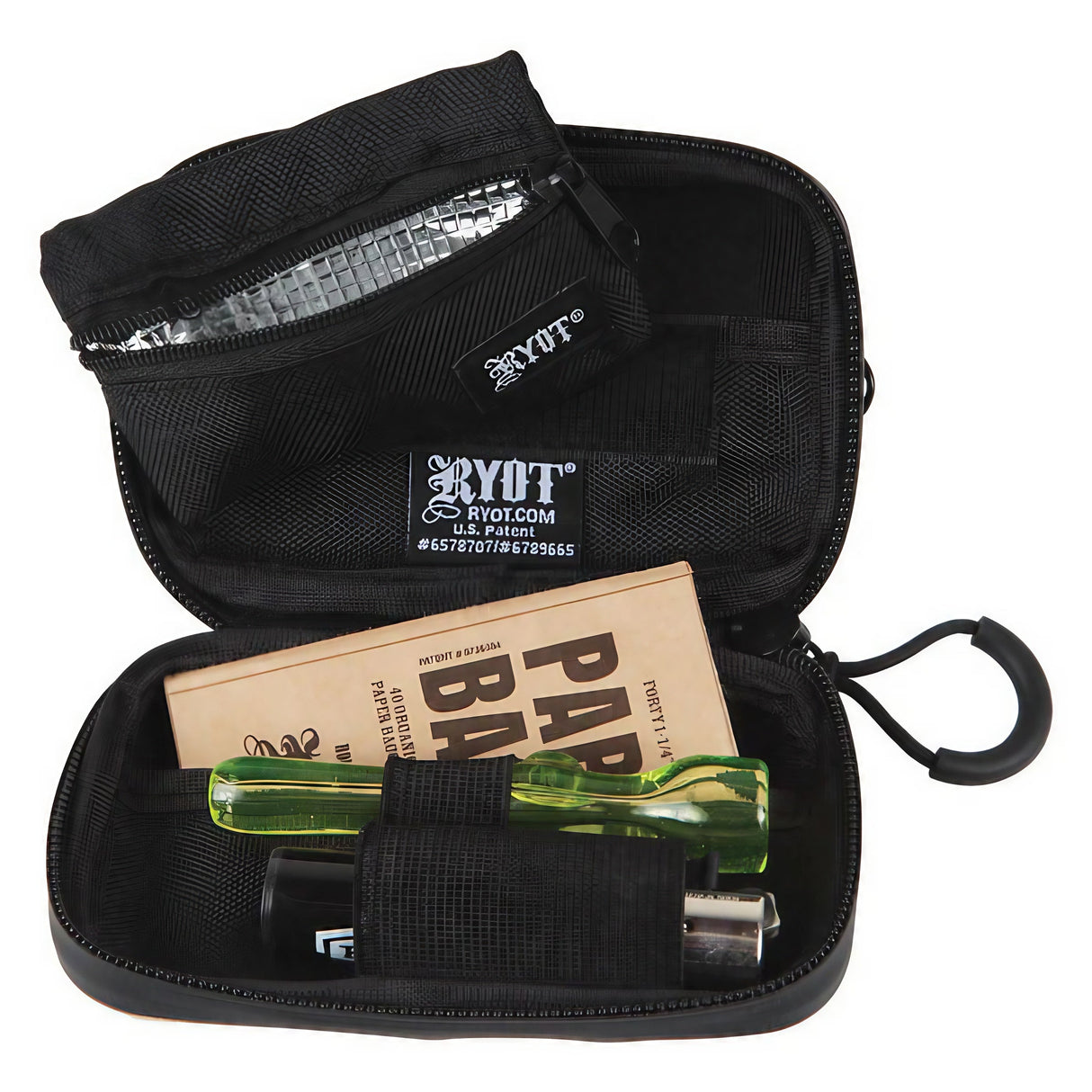 RYOT SmellSafe Hardshell Krypto-Kit open view displaying storage compartments and included accessories