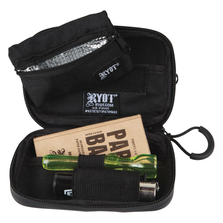 RYOT "SmellSafe" Hardshell Krypto-Kit in black with zipper, front view showing contents