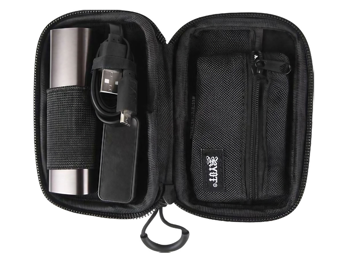 Open RYOT SmellSafe Hardshell Krypto-Kit in black with accessories storage compartments