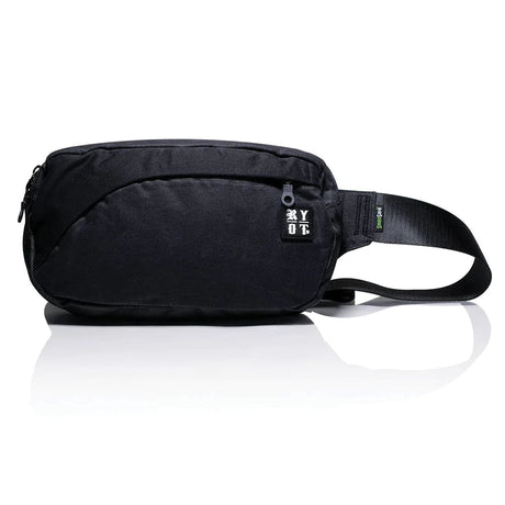 RYOT SmellSafe Waist Pack in Black, front angle view, with adjustable strap and zipper closure