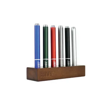 RYOT Taster Display Stand in wood with multiple colored one-hitters, front view on white background