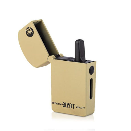 RYOT Verb 510 Oil Vape in Tan, Front View with Open Cartridge Chamber