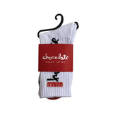 RYOT x Chocolate Stash Socks white with interior pocket, front view on hanger