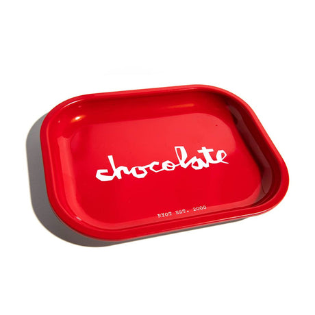 RYOT x Chocolate red tin rolling tray with white logo, top view on a white background
