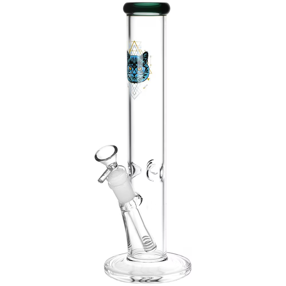 Sacred Cat Straight Tube Glass Water Pipe | 14mm F | Colors Vary