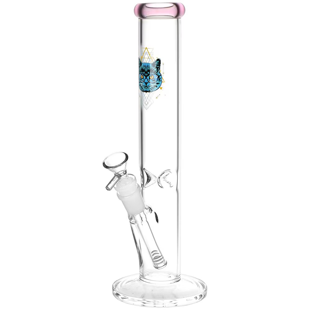 Sacred Cat Straight Tube Glass Water Pipe | 14mm F | Colors Vary