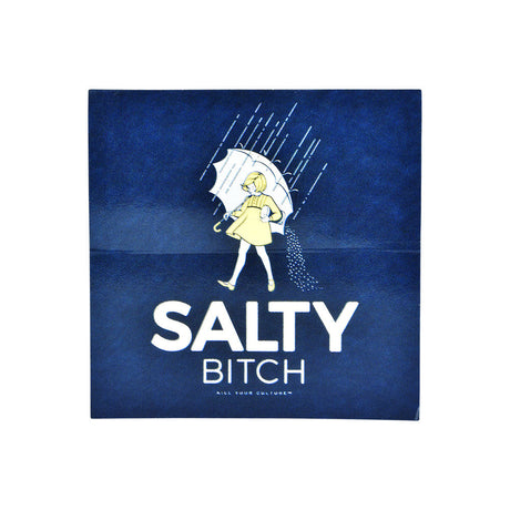 Salty Bitch Sticker featuring cartoon girl with umbrella, 4"x4" vinyl, front view on white background