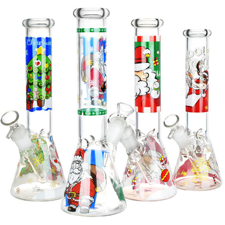 Santa Claus Themed Beaker Glass Water Pipes with Glow in the Dark Designs - Front View