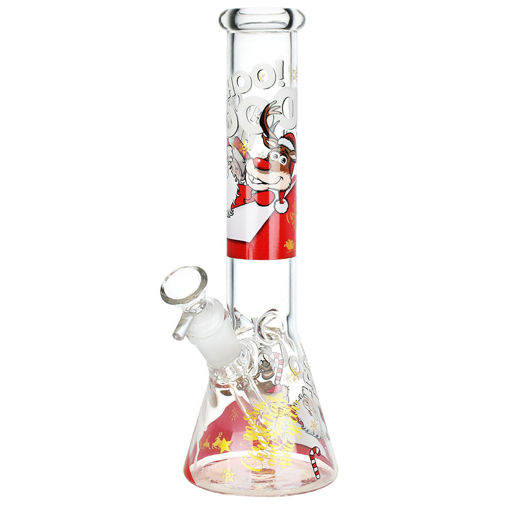 Santa Claus Themed Glass Water Pipe, 10" Beaker Design, 14mm Female Joint, Front View