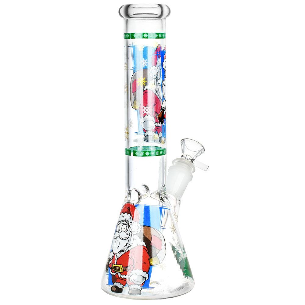 Santa Claus Themed Glass Water Pipe - Beaker Design with Festive Decorations - 10" Front View