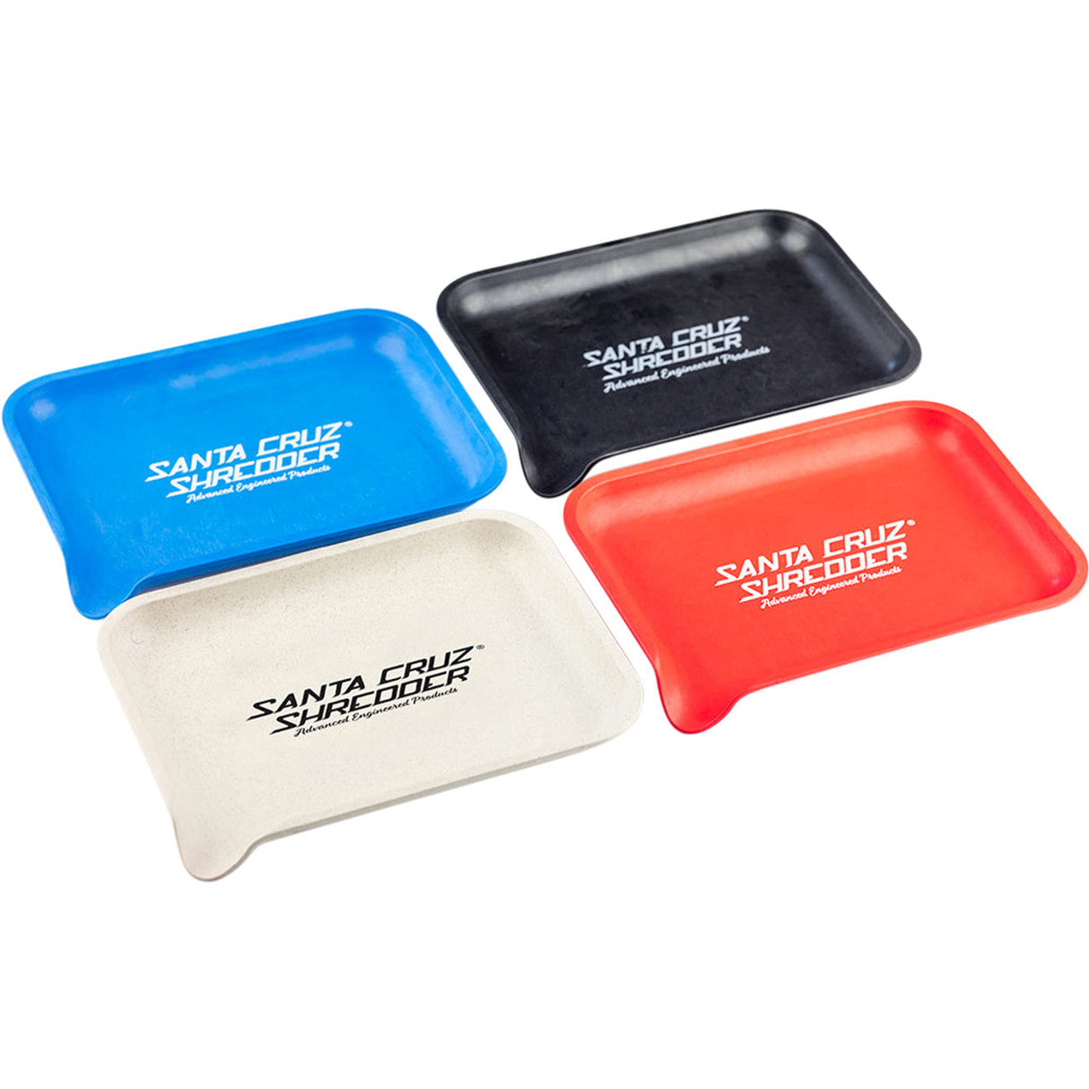 Assorted Santa Cruz Shredder Hemp Rolling Trays with SCS Logo in blue, black, red, and natural