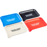 Assorted Santa Cruz Shredder Hemp Rolling Trays with SCS Logo in blue, black, red, and natural