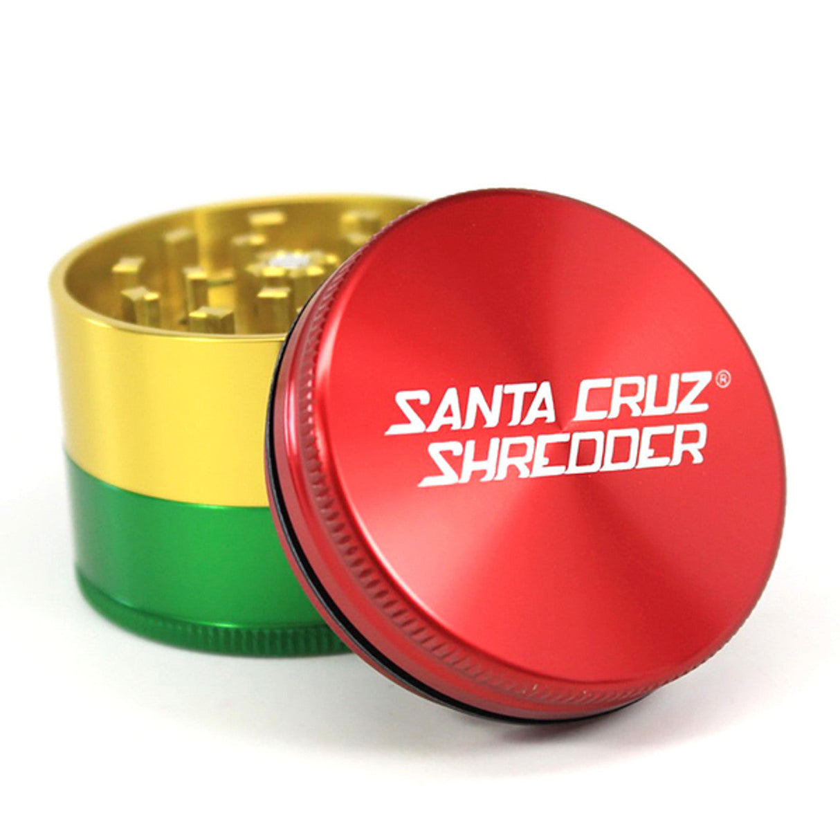 Santa Cruz Shredder Medium 3-Piece Grinder in Rasta colors, compact aluminum design, front view