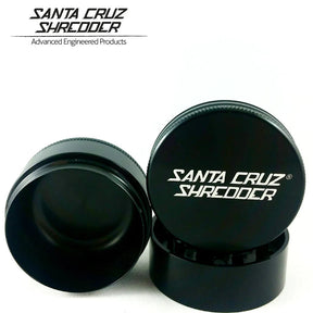 Santa Cruz Shredder Medium 3-Piece Grinder in Black, Front and Top View, Portable Aluminum Design