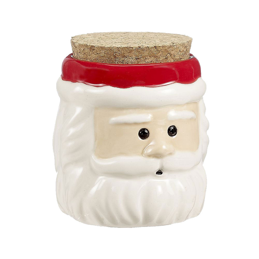 Santa Surprise Ceramic Stash Jar with Cork Lid, Front View, Festive Design