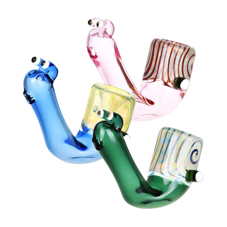 Assortment of Sassy Snail Hand Pipes in 3.5" size with unique novelty designs, top view