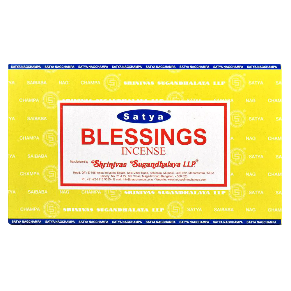 Satya Blessings Incense Sticks 12pk, vibrant yellow packaging with red and white label