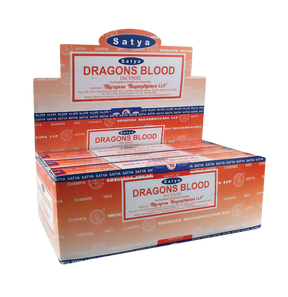 Satya Dragons Blood Incense Sticks 12pk, front view on white background, compact design