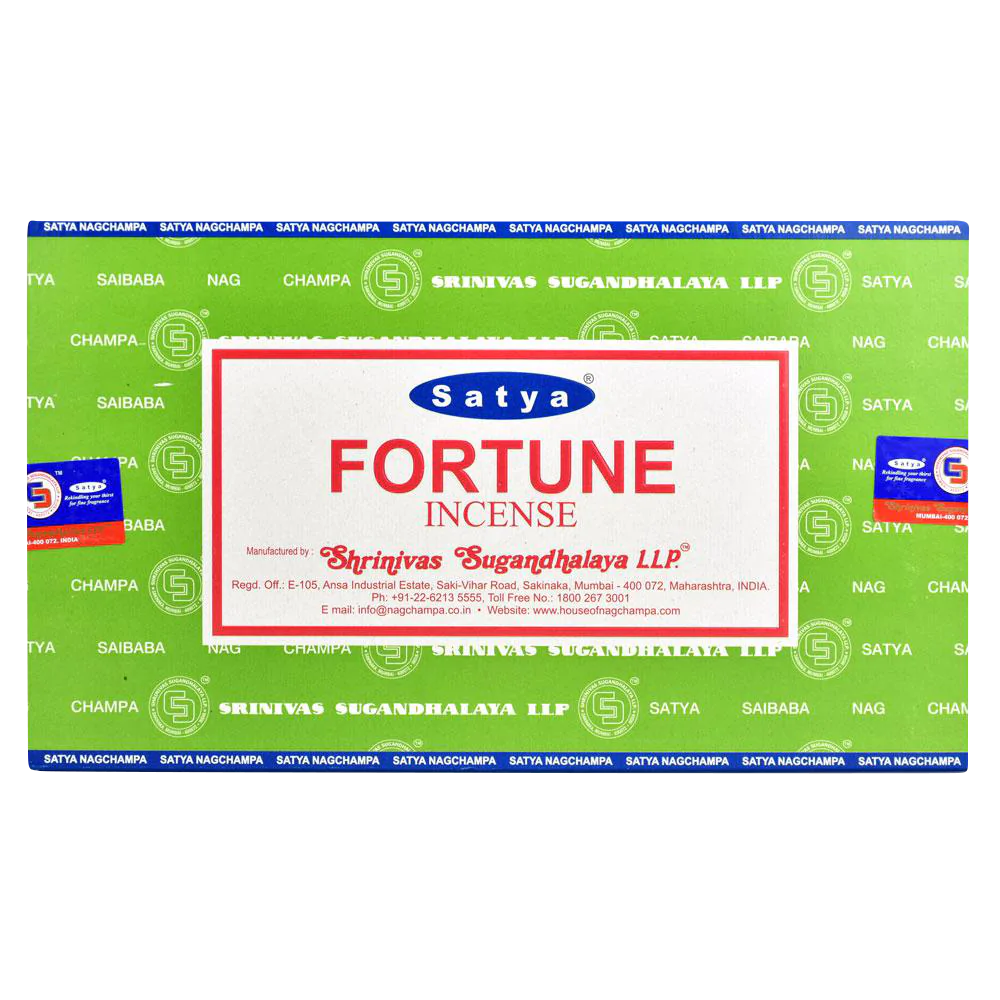 Satya Fortune Incense Sticks 12pk front view on green background, compact and aromatic home decor
