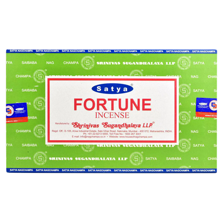 Satya Fortune Incense Sticks 12pk front view on green background, compact and aromatic home decor