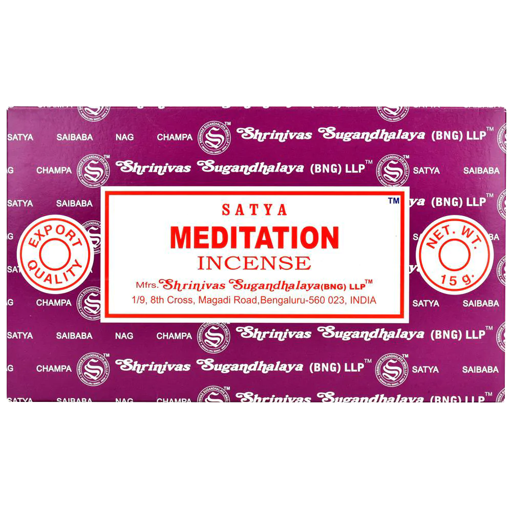 Satya 15g Meditation Incense Sticks 12-pack from India, front view on white background