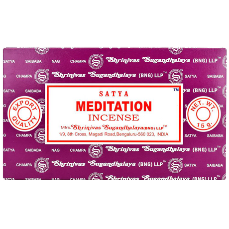 Satya 15g Meditation Incense Sticks 12-pack from India, front view on white background
