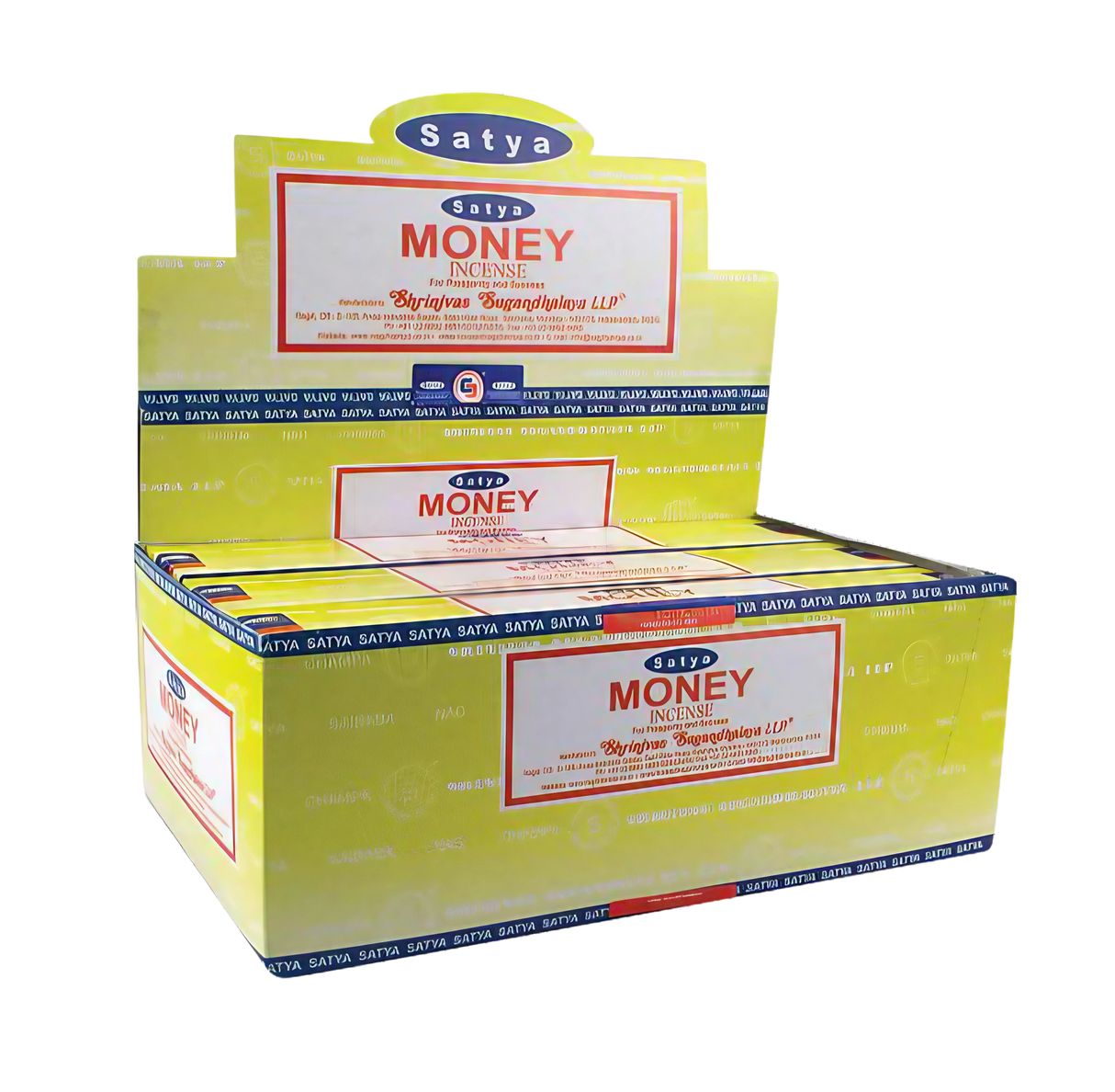 Satya Money Incense Sticks 12pk front view on seamless white background, compact design from India