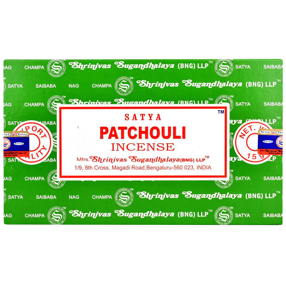 Satya Patchouli Incense Sticks 12-pack, vibrant green packaging with red accents, front view