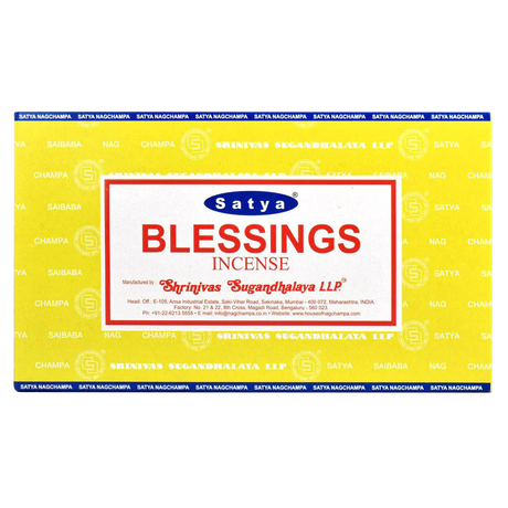 Satya Blessings Incense Sticks 12-pack front view on vibrant yellow background