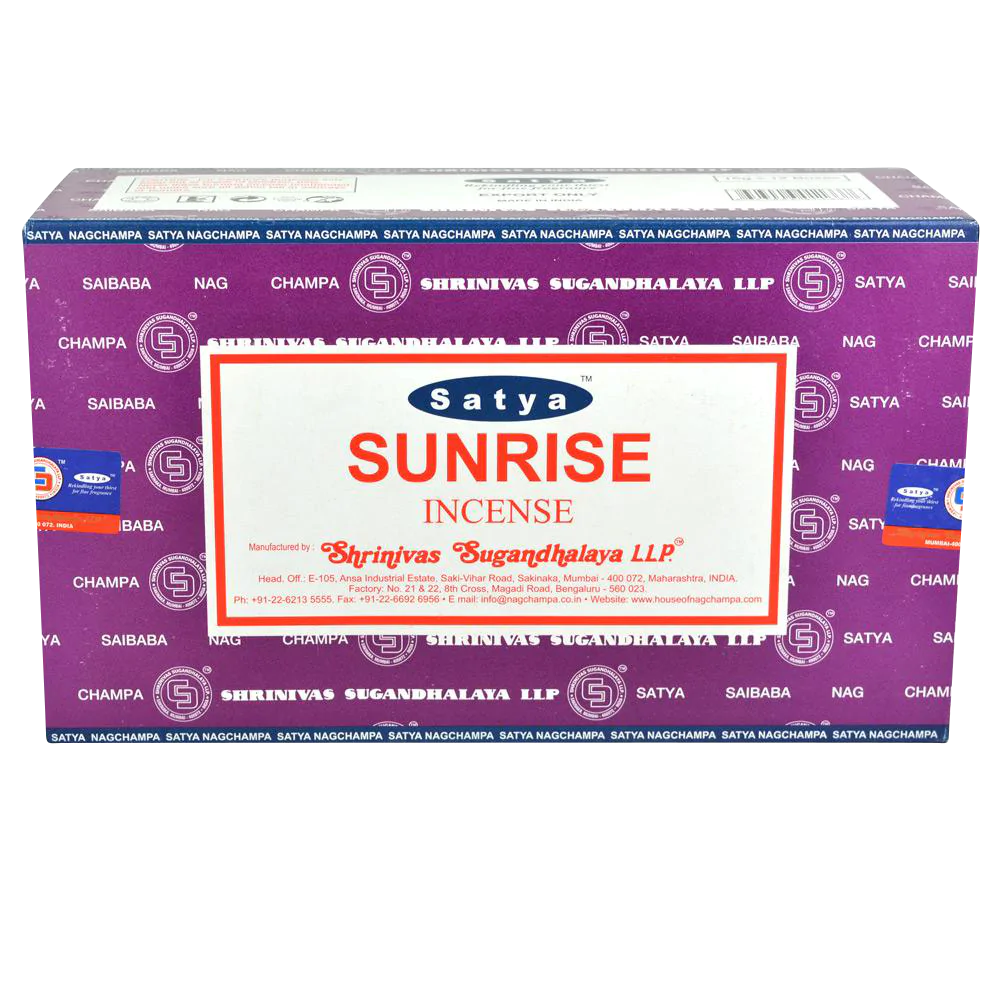Satya Sunrise Incense Sticks 12pk, vibrant packaging with Indian origin, compact and portable