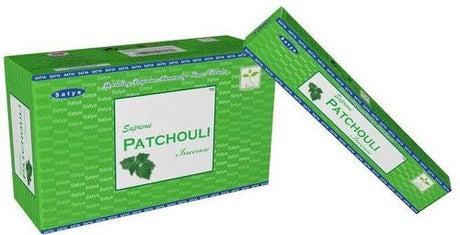 Satya Supreme Patchouli 15g Incense Sticks 12pk, green box with product name visible