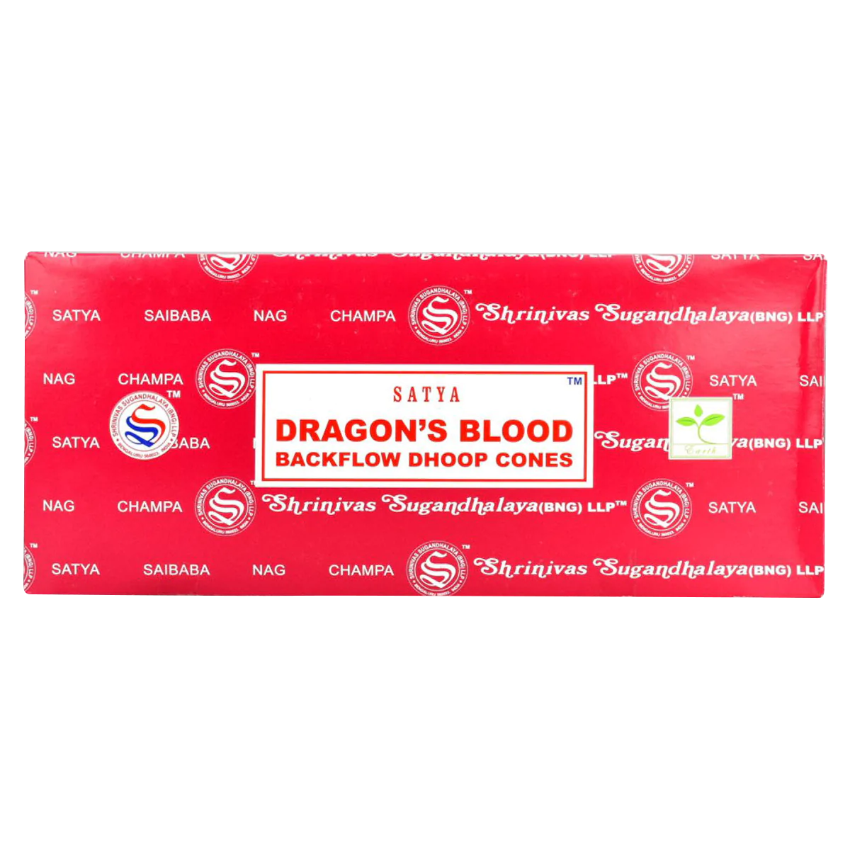 Satya Dragon's Blood Backflow Incense Cones 144 Pack - Front View on Seamless White