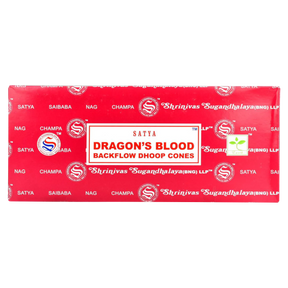 Satya Dragon's Blood Backflow Incense Cones 144 Pack - Front View on Seamless White