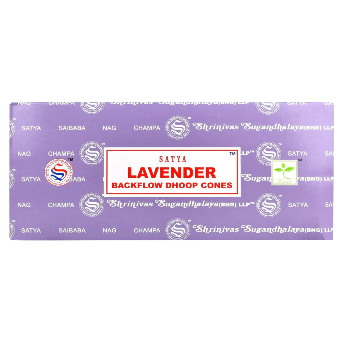 Satya Lavender Backflow Incense Cones 144 Bulk Pack - Front View of Purple Box