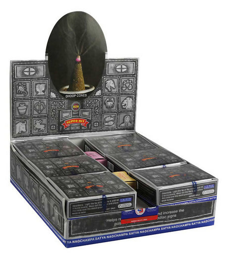 Satya Super Hit Incense Cones 12 Pack on display, compact and portable design from India