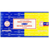 Satya Sai Baba Nag Champa Seven Chakra Incense Combo Pack front view on colorful background