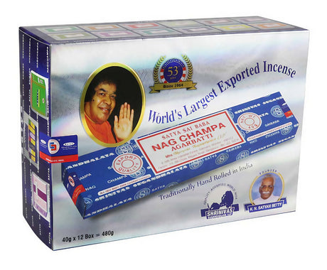 Satya Nag Champa Incense Sticks 12 Pack, front view on seamless white background